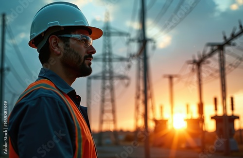 Electrical engineer in safety helmet at substation during sunset. Pro in protective gear inspects power lines infrastructure. Energy industry worker, power grid, transmission. Close-up portrait of