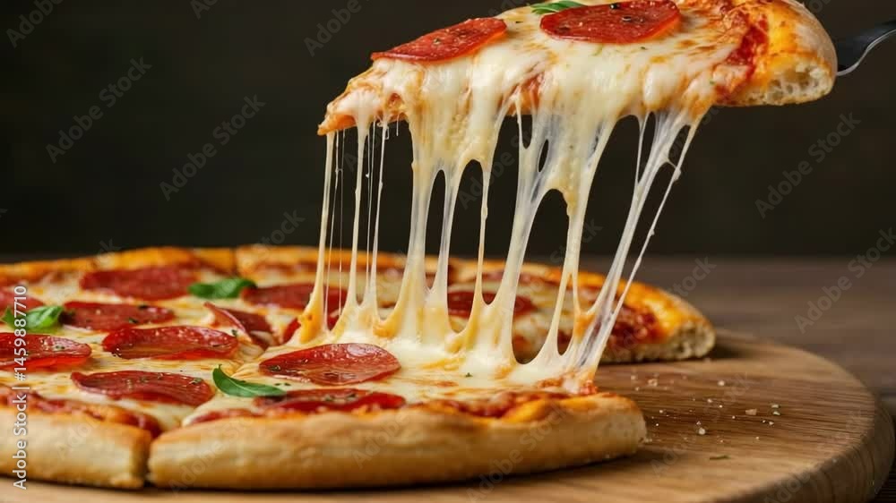 Slice of hot pepperoni pizza loaded with melted cheese being lifted from a wooden board