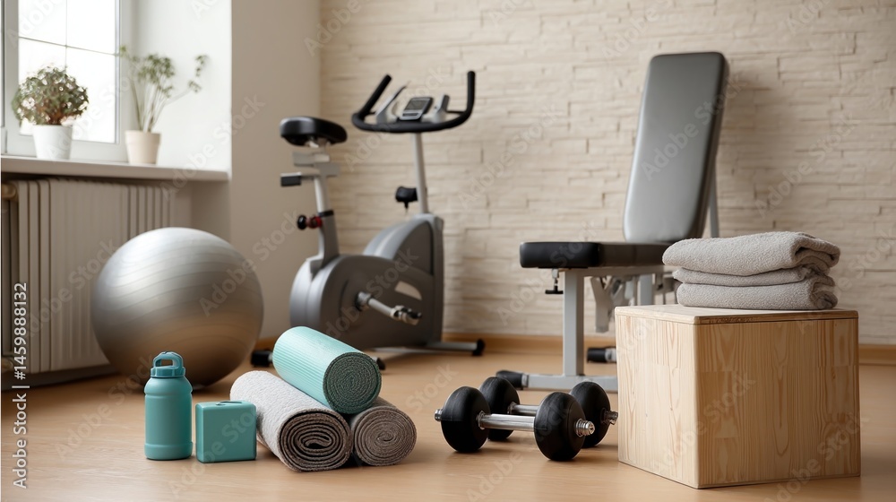 An assortment of exercise equipment neatly arranged in a home gym highlighting the importance of having space for regular workouts.