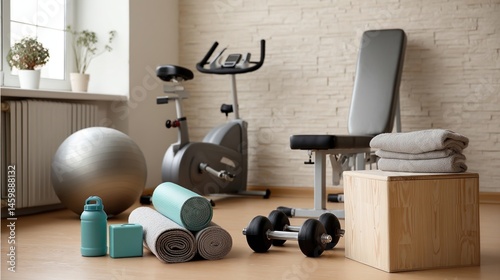 An assortment of exercise equipment neatly arranged in a home gym highlighting the importance of having space for regular workouts.
