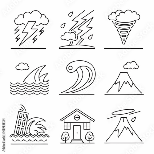  Natural disaster line icon set. Vector pictograms of extreme weather,