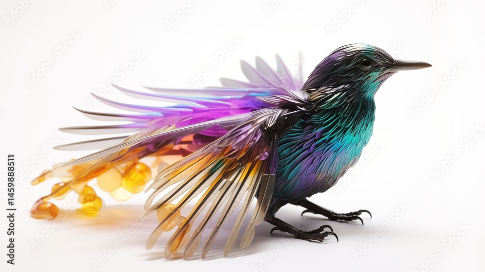 Obraz premium A starling-shaped artificial bird with 3D-printed, holographic feathers that shift colors under the light, creating a mesmerizing effect on a white background.