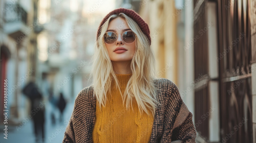 Obraz premium Stylish blonde woman in sunglasses and hat outdoors.