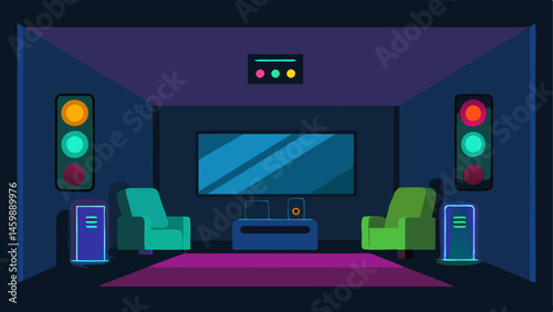 Entertainment Room A home theater with dimmed lights and colored LEDs along the walls creating an immersive moviewatching experience. Control options on a wall panel reflect