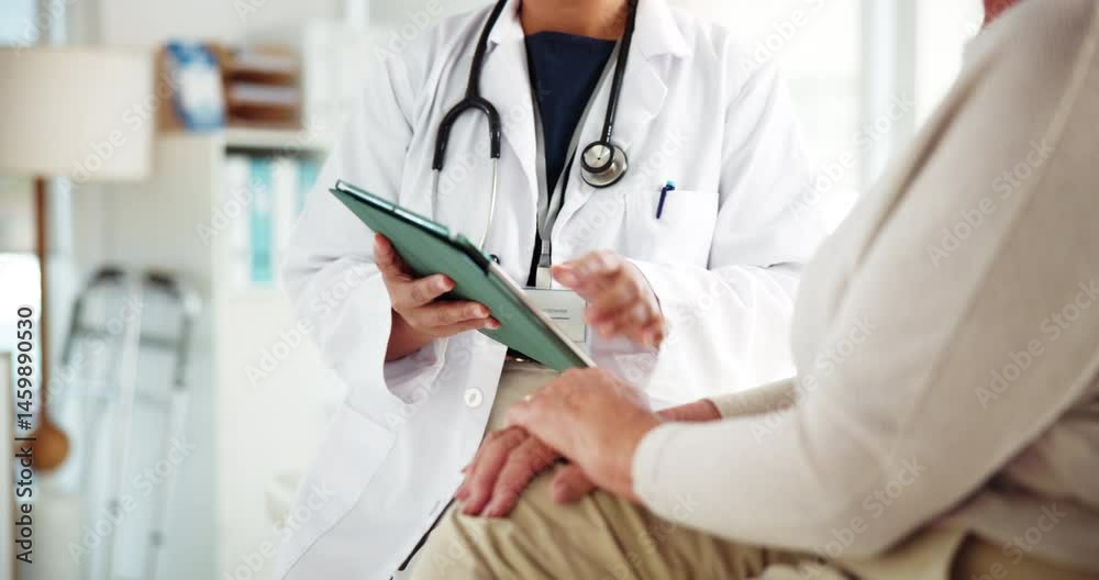 Doctor, hands and consulting patient with tablet for diagnosis, medical results or research at clinic. Closeup, healthcare worker or client with technology or app for consultation, checkup or visit