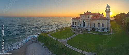 Coastal mansion & lighthouse at sunset.  Ocean waves lap a sandy beach below