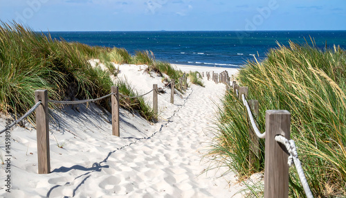 Fototapeta Naklejka Na Ścianę i Meble -  Coastal serenity unfolds on a sandy path, guided by rustic rope fences to the oceans embrace. Evokes tranquility, escape,  natures beauty. Great for travel.