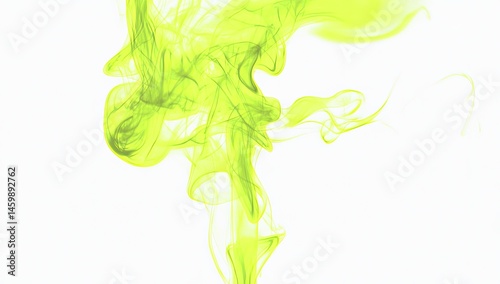 Abstract vibrant lime green smoke swirls on white background.  Detailed intricate patterns of flowing,  curving  green vapor