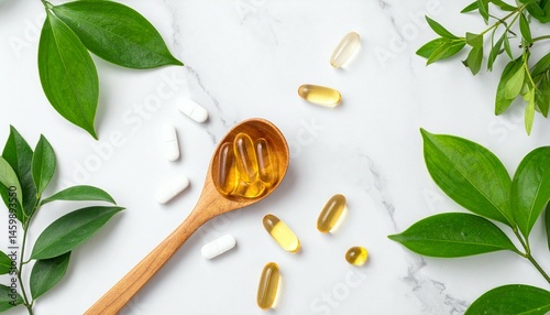 Natural Health Supplements Wooden Spoon Green Leaves White Marble Background Herbal Medicine Wellness Capsules Vitamins Dietary Pills