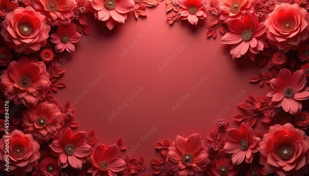 Obraz premium 3D rendering red floral wallpaper background design. Decorative flowers pattern create elegant backdrop. Floral arrangement for home decor. Floral design for advertising, invitations, greeting cards.