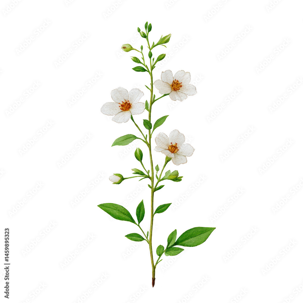 Obraz premium Delicate illustration of white flower with green leaves on stem, showcasing nature simplicity and beauty. floral design is detailed and elegant, perfect for botanical themes