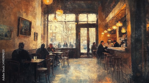 Interior cafe scene with patrons, painted in warm hues.