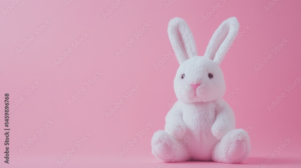 Obraz premium White plush bunny toy sitting against a soft pink background, a delightful spring vibe