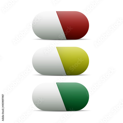 Soft realistic oval pharmaceutical medical pills, tablets, vitamins, capsule set. Vector icons painted in the colors of traffic lights.