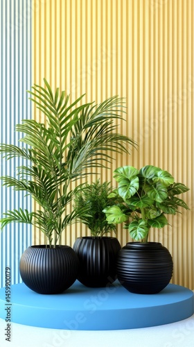 Tropical plants arranged in modern pots enhance the vibrant atmosphere of a blue and yellow backdrop, perfect for contemporary decor