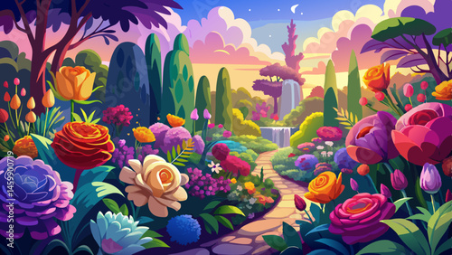 A breathtaking garden bursts into view, where every flower tells a story in color.
Petals of every shade—crimson, violet, gold, and sapphire—bloom in perfect harmony.
The air is rich with the soft 