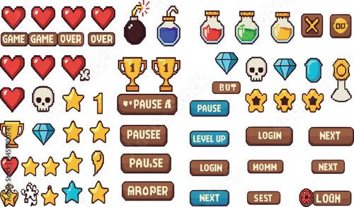 Pixel game icon. Retro video games element, arcade UI button, digital console 8-bit interface, pixels heart, bomb, star, menu buttons controller item