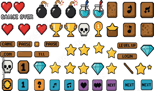 Pixel game icon. Retro video games element, arcade UI button, digital console 8-bit interface, pixels heart, bomb, star, menu buttons controller item