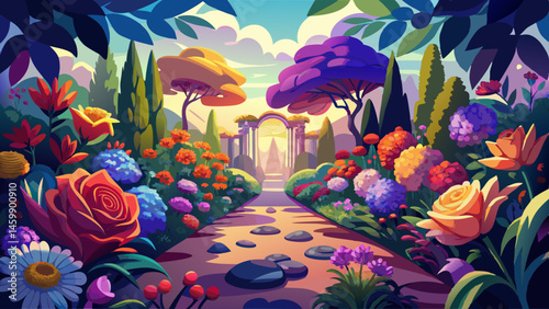 A breathtaking garden bursts into view, where every flower tells a story in color.
Petals of every shade—crimson, violet, gold, and sapphire—bloom in perfect harmony.
The air is rich with the soft 
