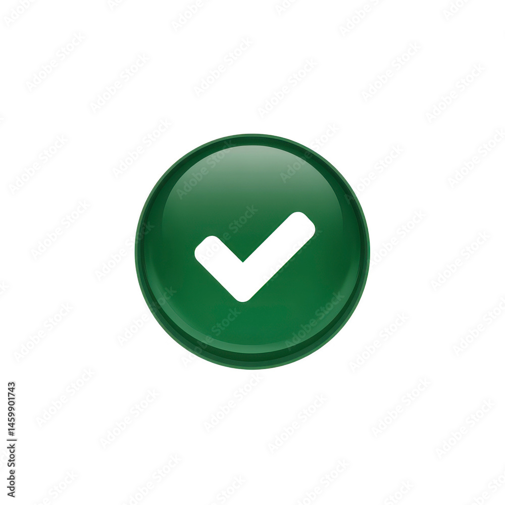 Glossy green check mark icon symbolizes approval or confirmation. circular design with reflective surface adds modern touch Glossy green check mark icon symbolizes approval or confirmation. circular design with reflective surface adds modern touch