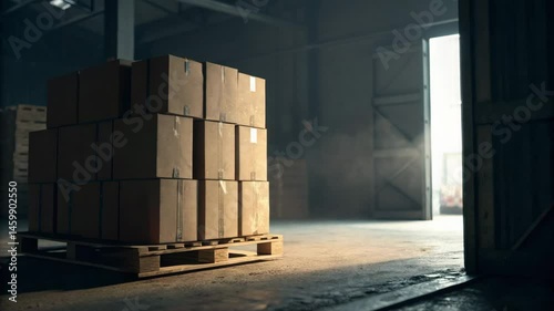 A pallet stacked with cardboard boxes sits in a sunlit warehouse near an open door, with dust illuminated in the air.

