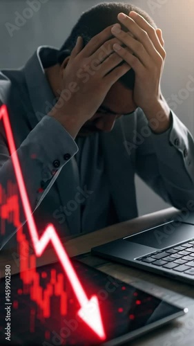 A stressed person reacts to a sharp financial decline displayed on a digital chart.

