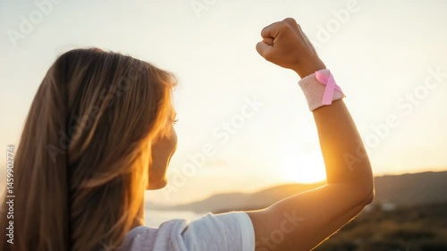 A woman raises her fist in triumph at sunrise, wearing a pink ribbon wristband symbolizing breast cancer awareness.

