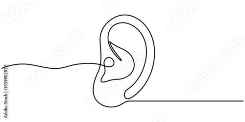 Human ear one continuous line . Single line editable vector drawing of the hearing part of the body. Concept of the World Day of the Deaf. Ear continuous one line art drawing. Editable stroke.