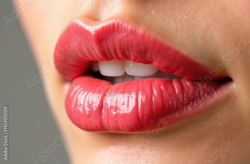 Sexy pink lips close up. Beautiful Perfect Makeup. macro. Beautiful pink Lip Gloss. advertising. Cosmetic. Mouth open, big lips. photo