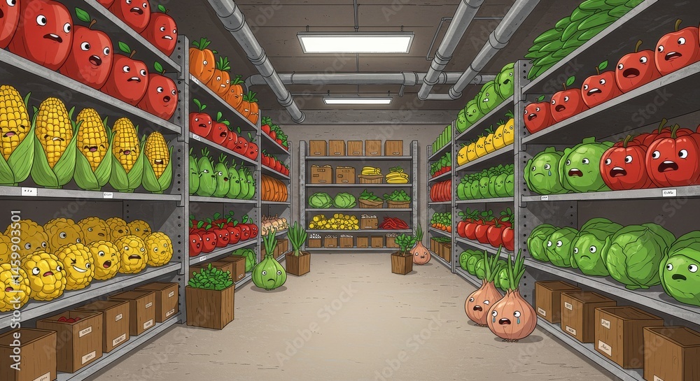 Naklejka premium Animated supermarket shelves featuring anthropomorphic fruits and vegetables in a storage