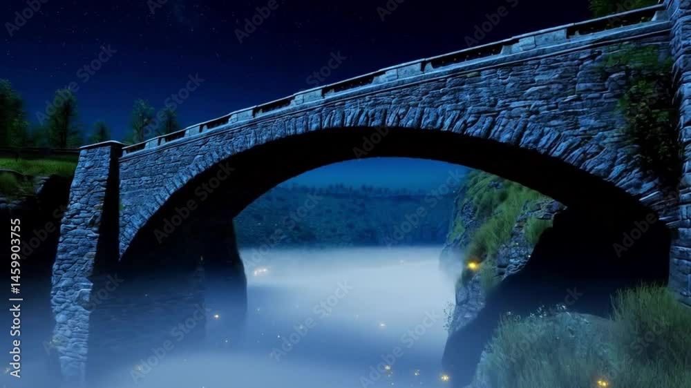 Night vision of an old stone bridge over a river, shrouded in mist and illuminated by twinkling lights, romantic atmosphere, detailed texture of stone and water, high clarity, 4K