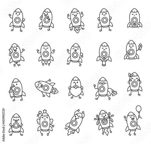 Rocket cartoon characters with emotions and actions for cute space themed educational magical lifestyle festive illustrations in kawaii outline style
