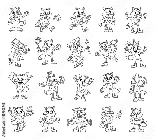 Fox cartoon characters with emotions and actions for retro educational festive romantic lifestyle illustrations in groovy outline vintage cartoon style