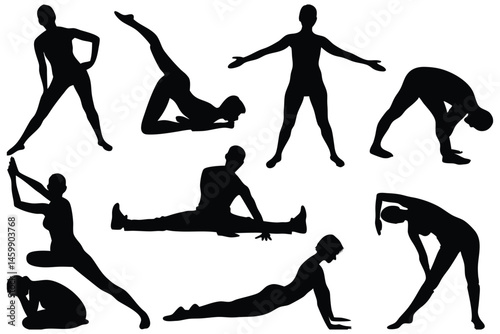 silhouettes of people stretching, black and white exercise wellness