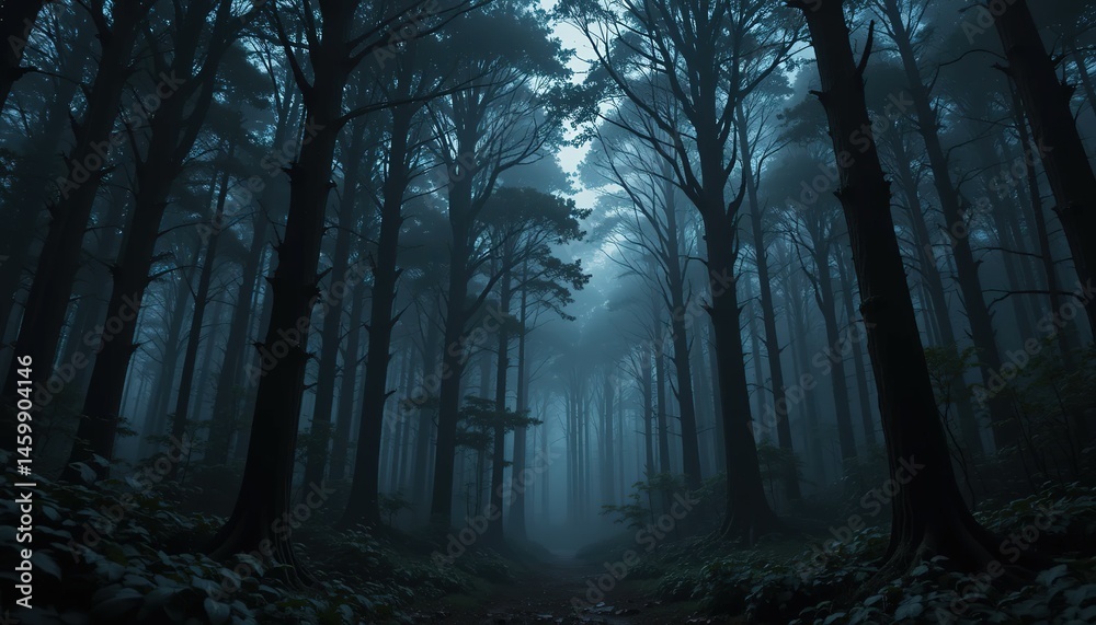 Fototapeta premium Misty Forest Path: Towering Trees in Atmospheric Blue Haze