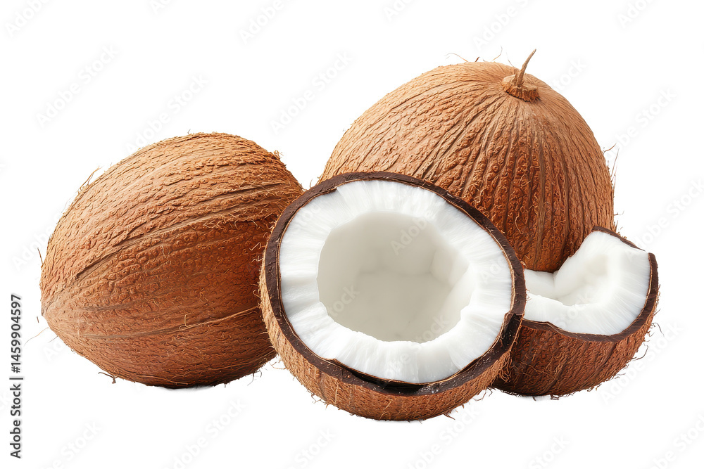 A group of coconuts with one cut open showing the white flesh and brown shell on a black background A group of coconuts with one cut open showing the white flesh and brown shell on a black background