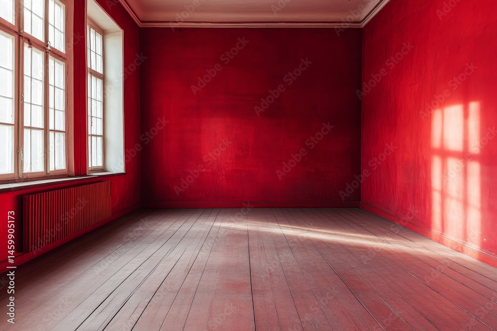 custom made wallpaper toronto digitalSpacious empty room with red walls and wooden floor illuminated by sunlight from windows