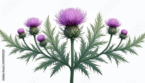 Milk thistle, 3D illustration on white backdrop. Purple flower blossoms with green leaves. Herb, nature, spring theme. Wild plant element design, macro photo with flowers, suitable for herbal,