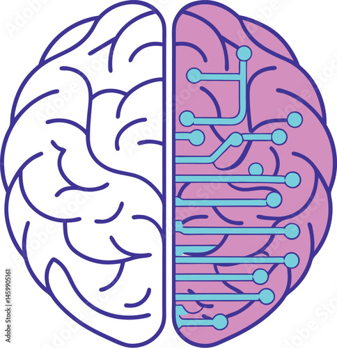 Vector Illustration of a Human Brain ? Half Organic, Half Artificial Concept