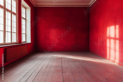 Wallpaper Mural Spacious empty room with red walls and wooden floor illuminated by sunlight from windows Torontodigital.ca