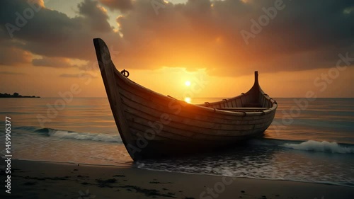 The boat is rocking on the incoming waves on the beach against the sunset background