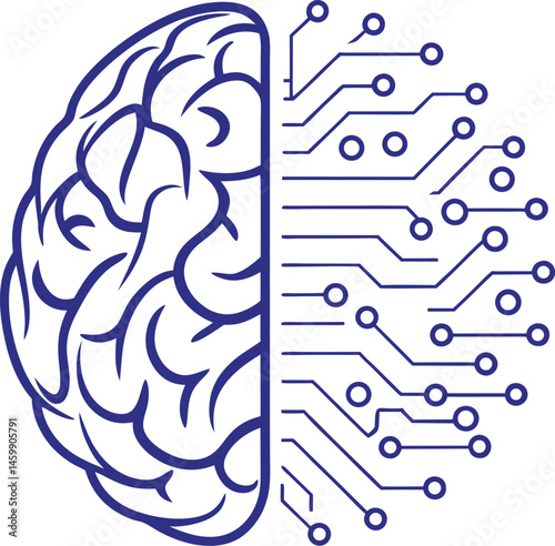 Vector Illustration of a Human Brain ? Half Organic, Half Artificial Concept