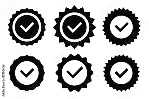 Black and White Checkmark Badge Icons – Circular Approval Symbol Set