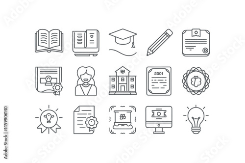 Collection of Simple Line Icons Representing Educational and Academic Concepts