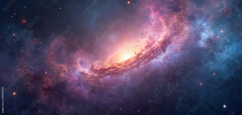 Fototapeta premium Abstract image galaxy with countless stars. Deep space illustration with light, nebula. Beautiful background design for tech, science projects. Fractal texture, motion element, modern artistic