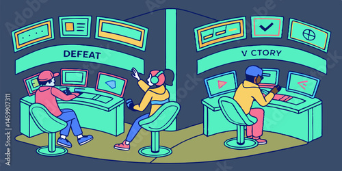 Winning and Losing in Esports A vibrant graphic design showcasing victory and defeat in competitive gaming featuring players and monitors