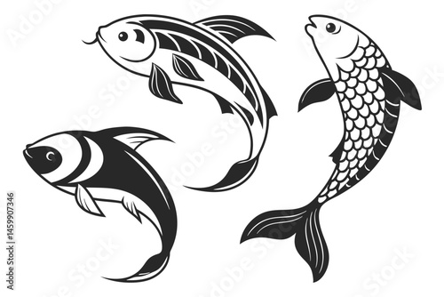 13 Black and white fish illustrations, stylized aquatic creatures, simplified marine life silhouettes, vector art fish designs, minimalist ocean fauna, graphic fish icons, underwater species collectio