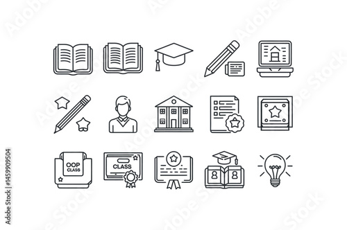 Collection of Simple Line Icons Representing Educational and Academic Concepts
