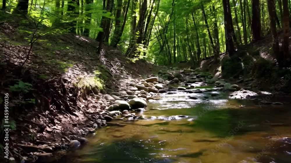 Forest stream flows gently over stones beneath tall green trees, dappled sunlight covers path. Concept of tranquility and untouched woodland Forest stream flows gently over stones beneath tall green trees, dappled sunlight covers path. Concept of tranquility and untouched woodland
