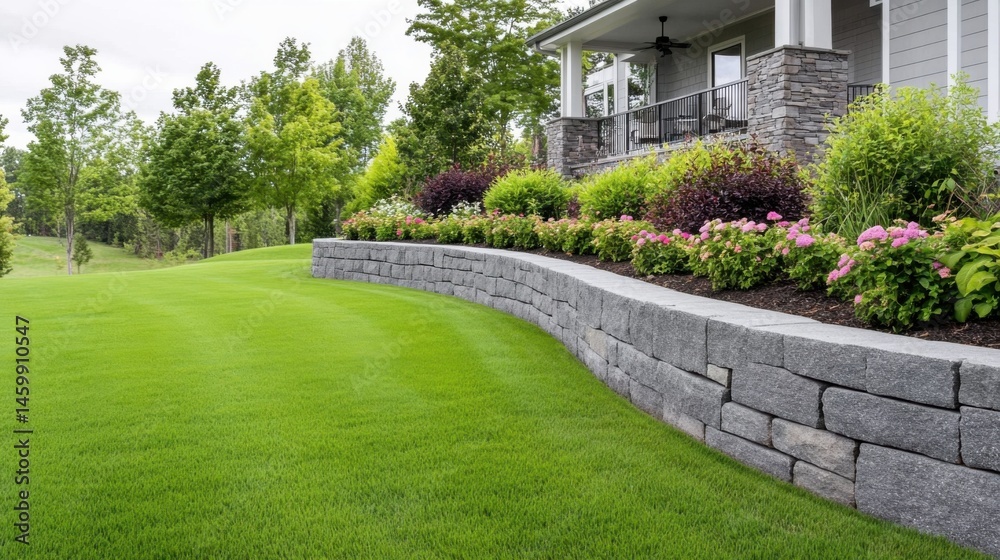 Naklejka premium Beautifully Landscaped Garden with Stone Wall and Vibrant Flower Beds